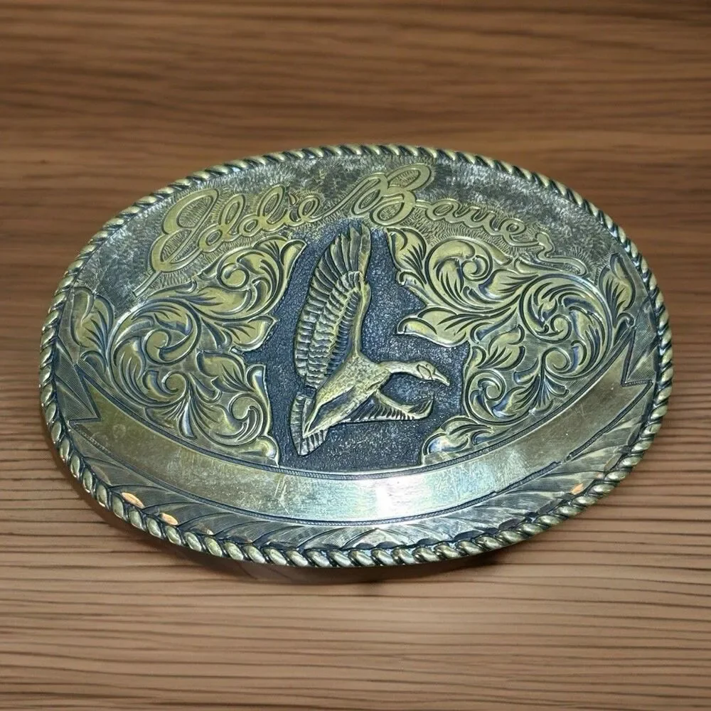 Eddie Bauer Solid Brass Belt Buckle Goose Duck Hunting Blank Engraving Banner